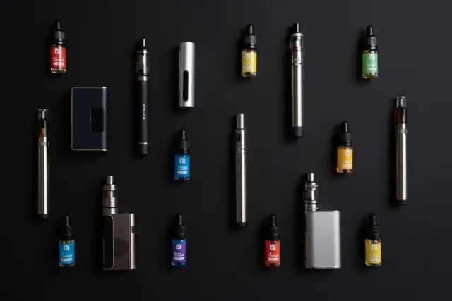 様々な種類の電子タバコ製品と多様なフレーバーリキッド