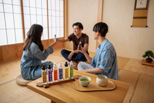 2025年、和室でくつろぎながら国産電子タバコリキッドと日本茶を楽しむ人