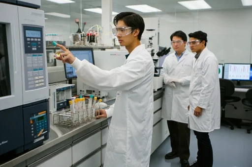 最新鋭の機器を使い国産電子タバコリキッドの成分を精密に分析する白衣の研究者