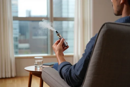 窓辺でリラックスしながらVAPEを楽しむ様子。快適な生活と電子タバコのイメージ。